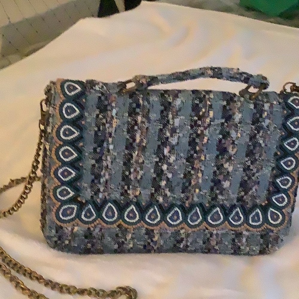 Beaded fabric crossbody handbag.